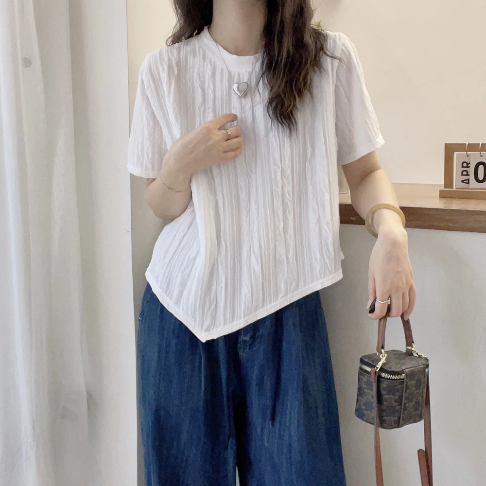 春夏新款肌理感下摆不规则短袖T恤女夏设计感宽松减龄洋气上衣潮