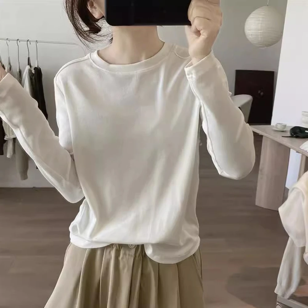 棉质纯色圆领t恤女秋季新款简约小众设计感内搭打底衫长袖上衣潮