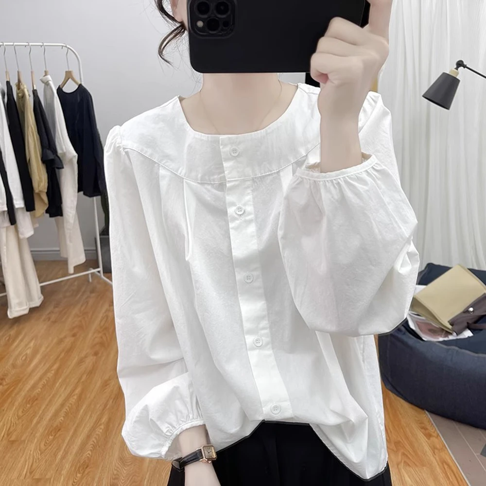 春秋季纯棉灯笼袖气质衬衫上衣女2025新款美式休闲通勤简约小衫潮