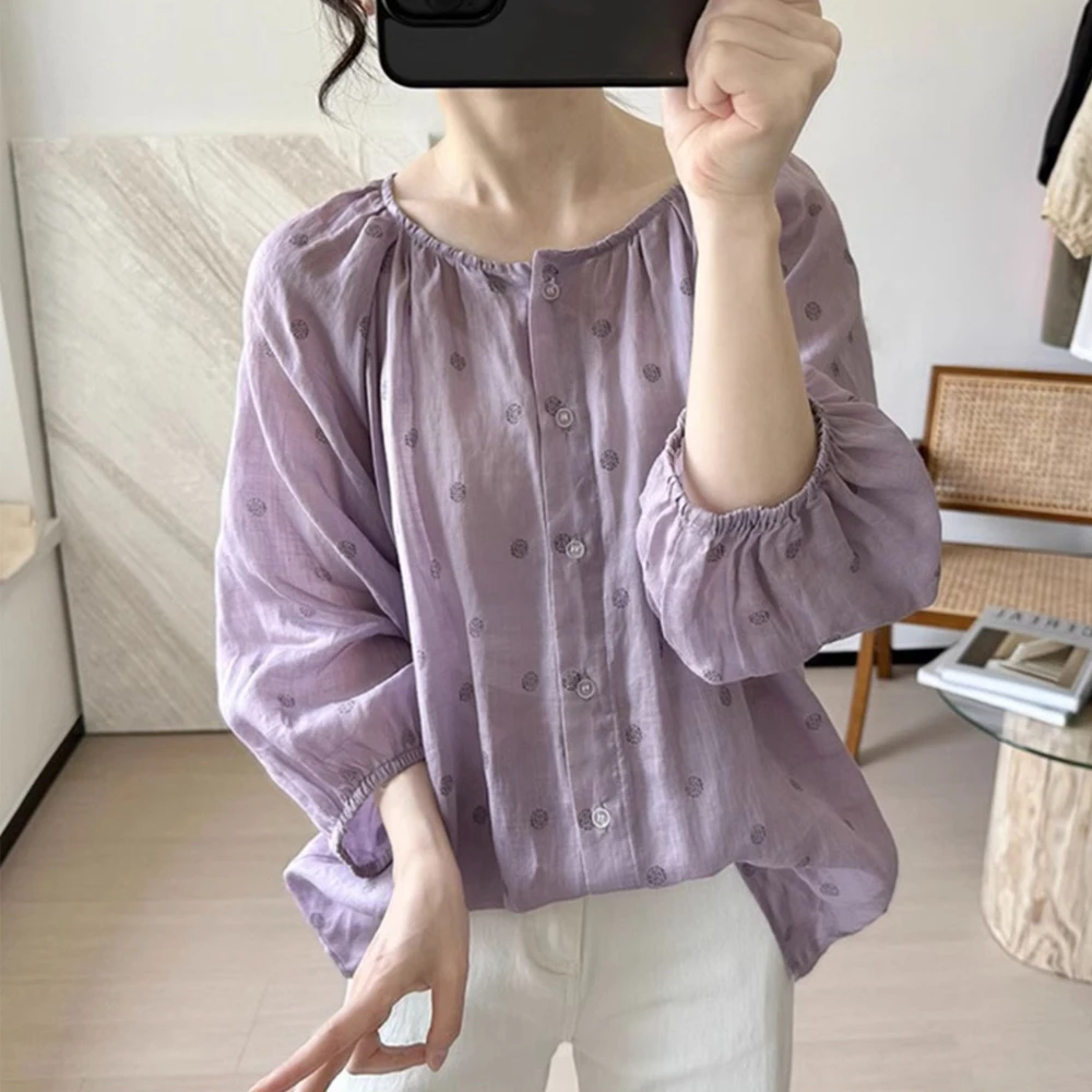 气质宽松休闲波点印花薄款苎麻长袖衬衫女春秋新款高级感小众上衣