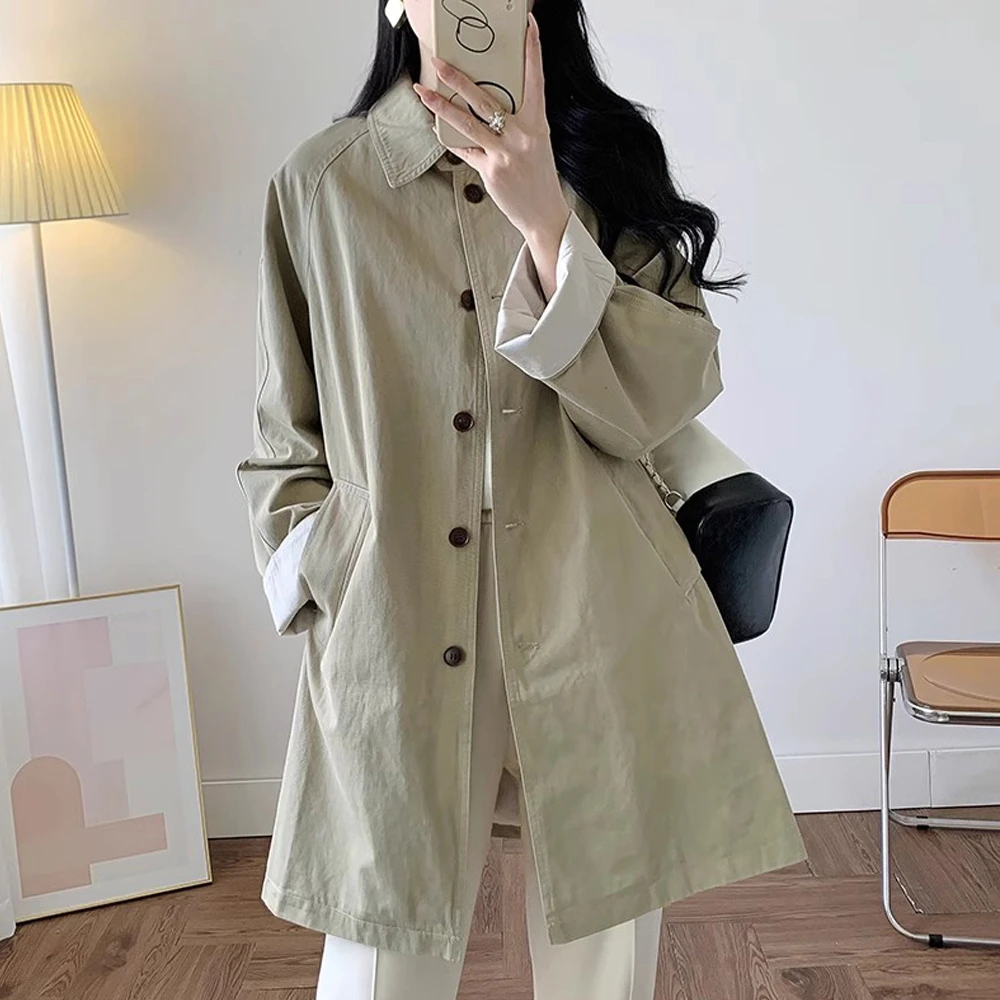 拼色翻领中长款风衣女春秋新款纯棉韩风插肩袖宽松休闲外套上衣潮