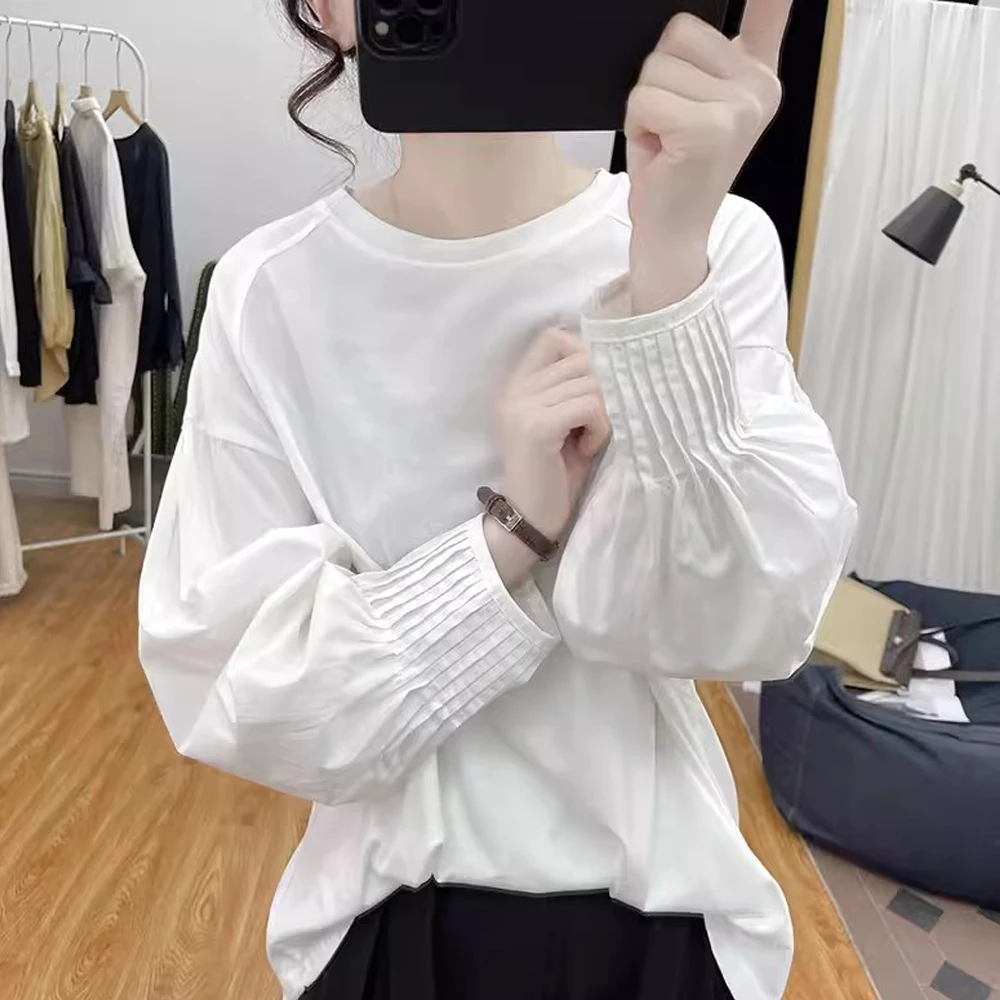 秋季设计感纯棉拼接公主袖时尚长袖T恤女式减龄上衣2025新款衬衫