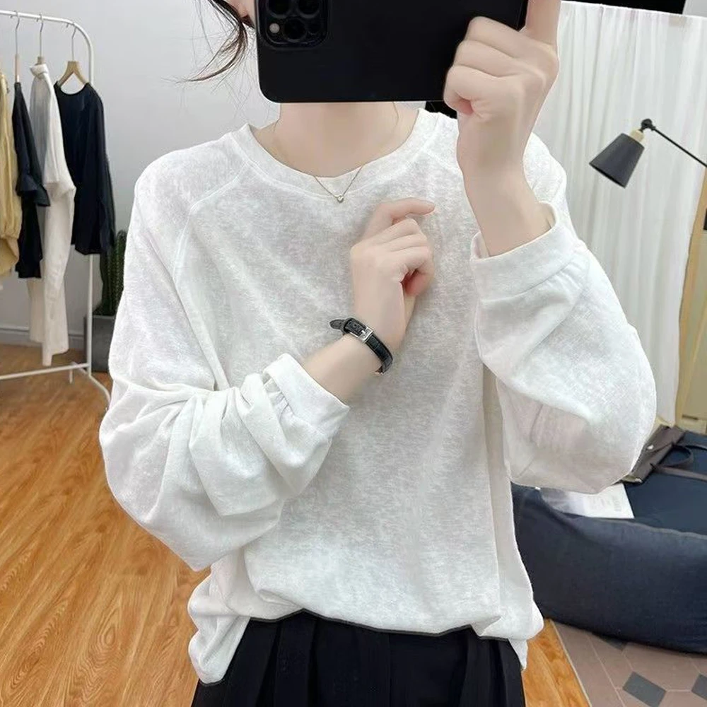 插肩袖雪花棉t恤女春秋新款宽松显瘦圆领基础款简约长袖打底上衣