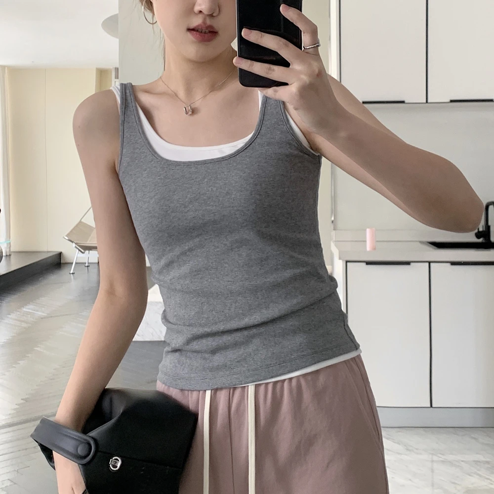 圆领大弹力背心女士夏季新款简约韩版显瘦减龄棉质打底衫无袖上衣