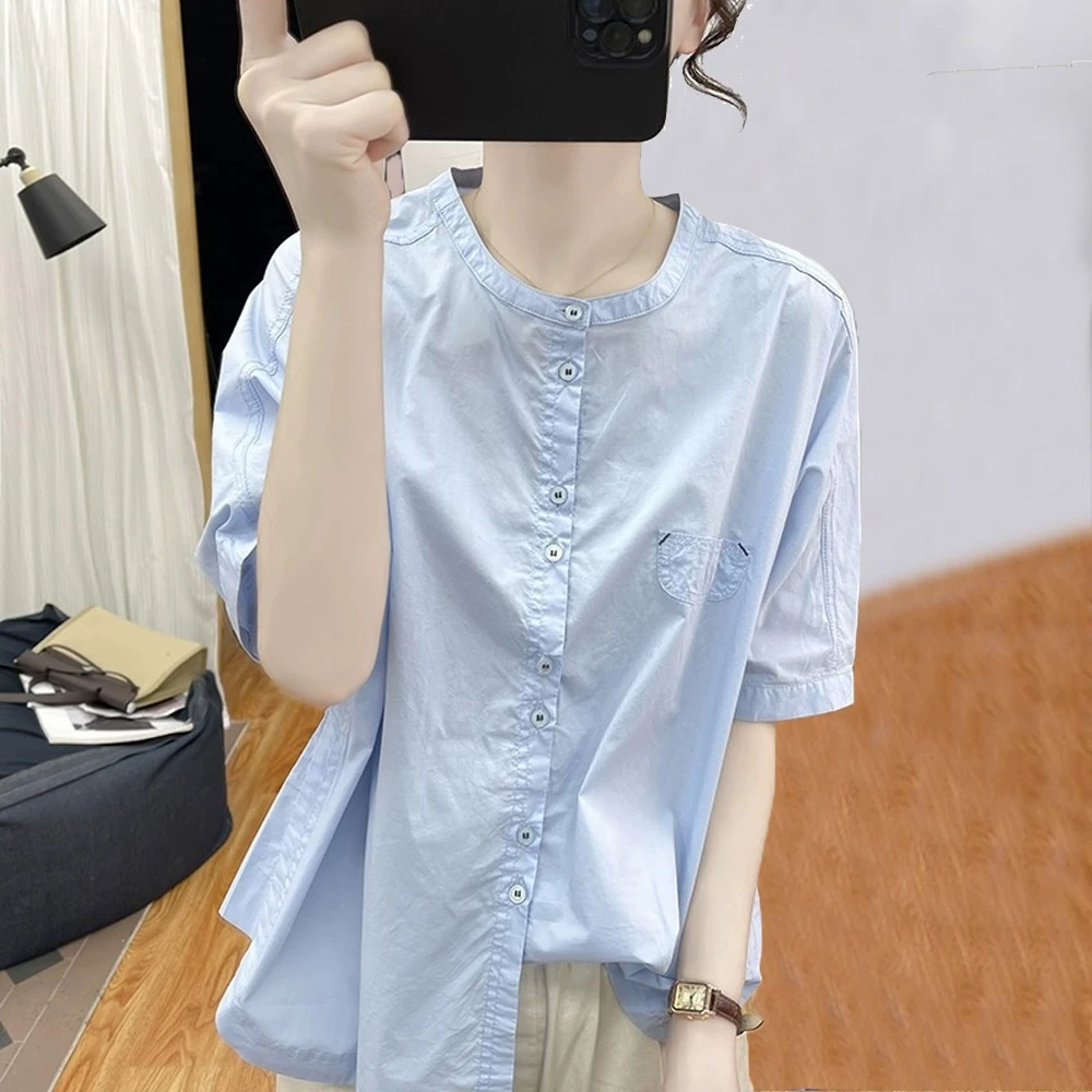 纯棉宽松短袖衬衫女时尚减龄上衣夏季新款港风设计感休闲百搭衬衣