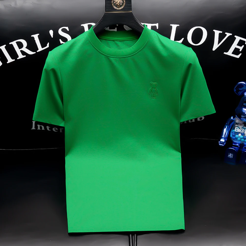 欧货夏季韩版简约个性百搭圆领小熊印花短袖时尚潮流修身T恤纯色