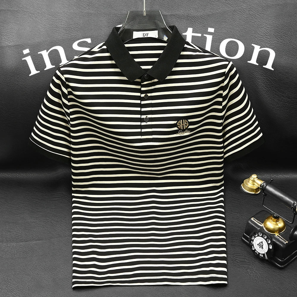 欧货夏季新品高端潮牌翻领t恤条纹刺绣短袖POLO衫修身男韩版半袖