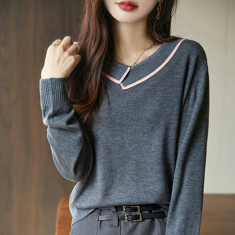 秋冬新款气质翻领V领长袖针织衫女显瘦内搭打底衫时尚百搭V毛衣女