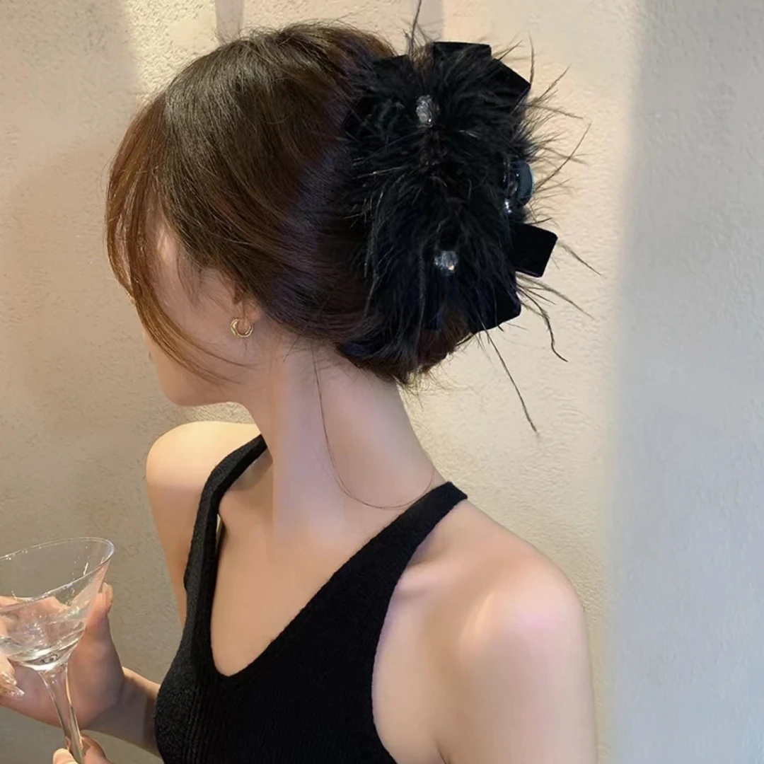 超仙黑色气质羽毛蝴蝶结发夹大号鲨鱼夹后脑勺抓夹发夹头饰