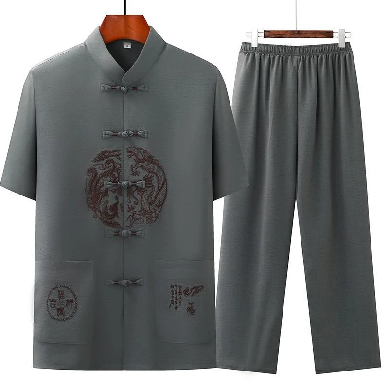 爸爸装夏季唐装男士短袖套装中老年半袖衬衫老人爷爷夏天宽松衣服