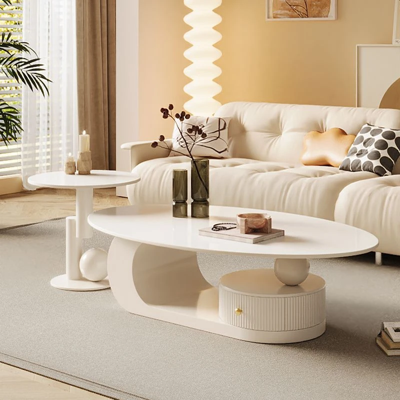 可移动奶油风岩板椭圆形茶几客厅铁艺茶几小户型新款网红茶桌边几