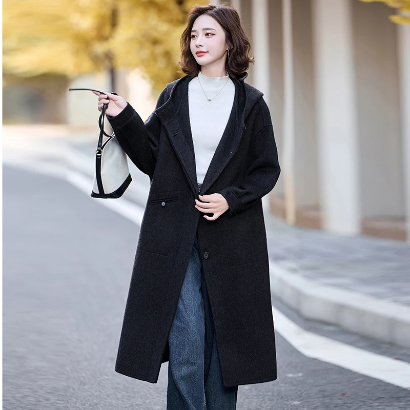 韩版休闲双面羊毛大衣女秋冬季新款学院风过膝中长款百搭连帽外套