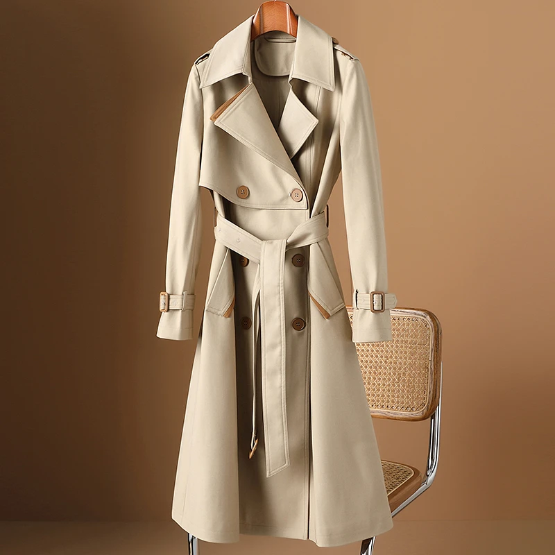 DUCURNO高端卡其色风衣外套女秋季新款英伦气质系带收腰长款大衣