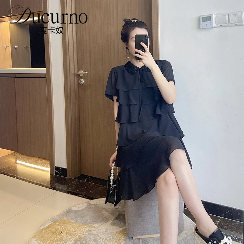 黑色短袖蛋糕裙2025夏季新款气质大码显瘦胖mm连衣裙微胖遮肉黑色