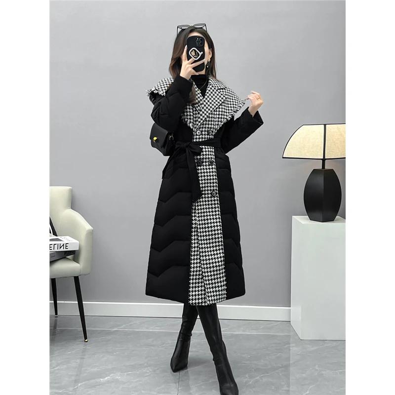 千鸟格毛呢拼接羽绒服女2025新款冬季时尚气质系带白鸭绒大衣外套