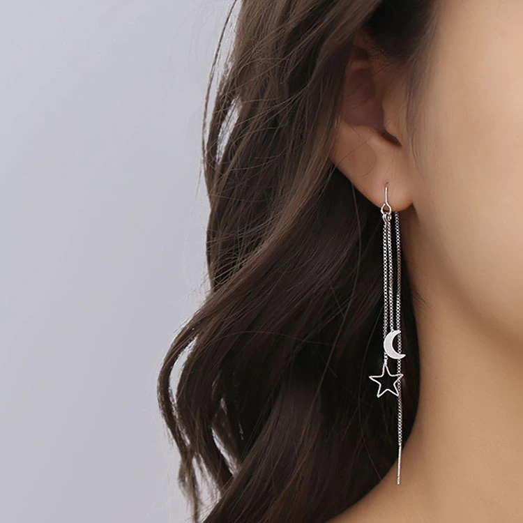 925银耳饰 星月耳线女养耳洞韩版高级感流苏耳环超仙免摘耳饰耳链