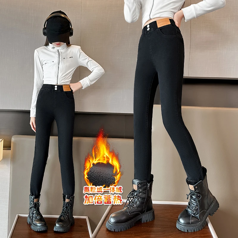 女童裤子冬季加绒加厚儿童一体绒铅笔裤女大童秋冬款牛仔裤小脚裤