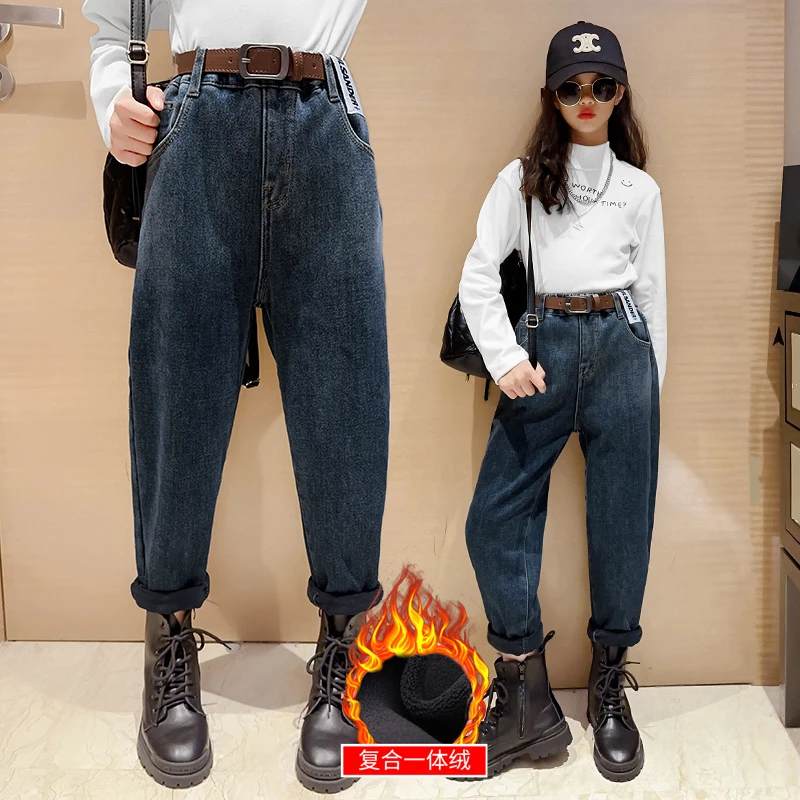 女童牛仔裤秋冬款2023新款儿童加绒休闲裤子外穿大童冬季春秋长裤