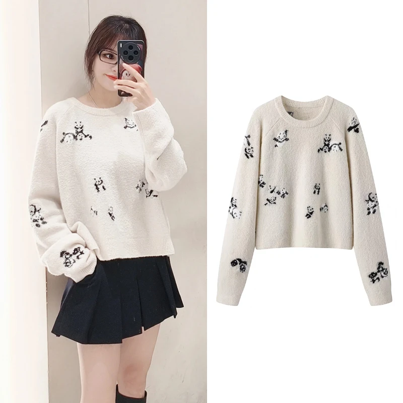 A0293【D】冬季新品复古卡通熊猫提花宽松圆领毛绒毛衣套头针织衫女