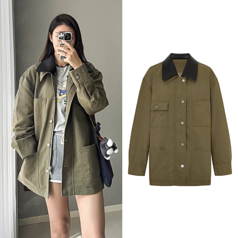 8079【M】春新品可拆皮领挺括中性猎装夹克工装复古外套时尚休闲