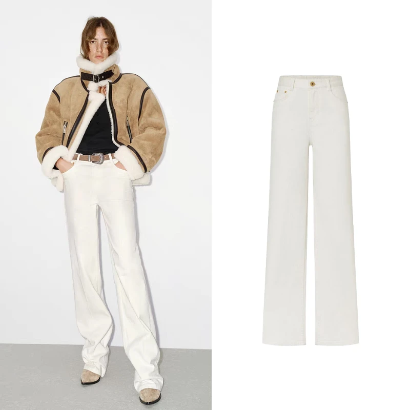 Z1125【M】牛仔裤2024年冬季新品弹丝棉质精裁中低腰及地白色直筒裤