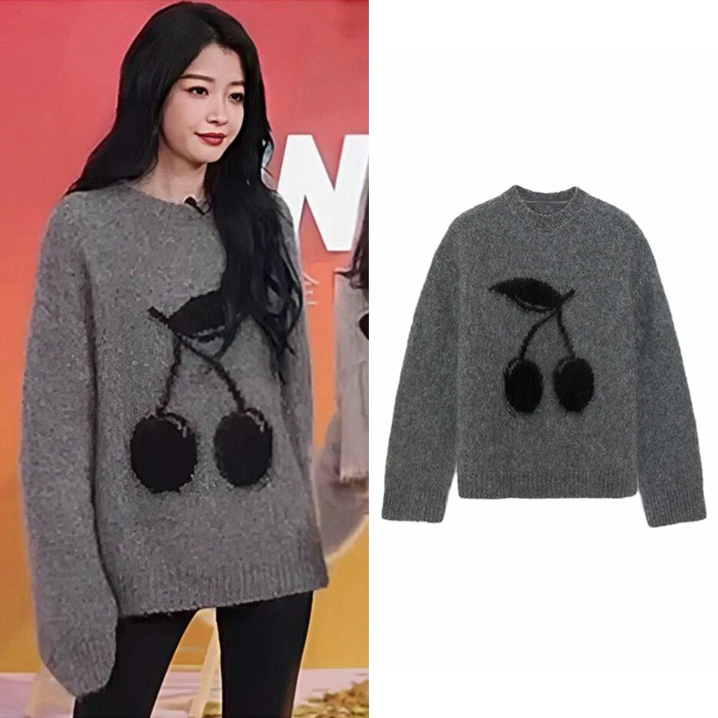 9082春季新品马海毛提花樱桃套头毛衣2025年高级感时髦长袖针织衫