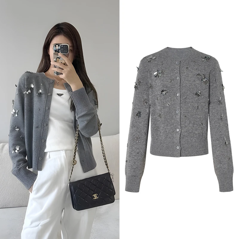 【M】2025春新品手工钉钻针织开衫宽松显瘦上衣女气质休闲百搭K1362