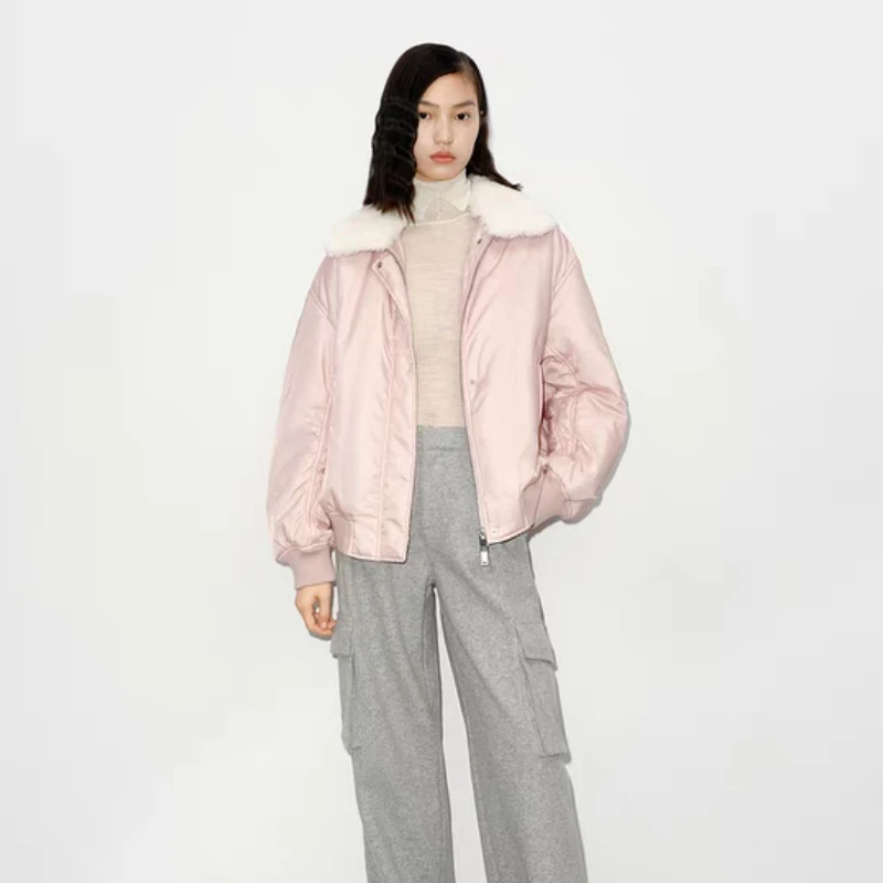 Z0230【M】外套2024冬季新品可拆卸毛领双开拉链时尚短款飞行夹克女