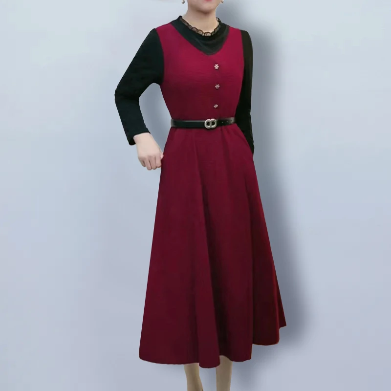 【配腰带】秋冬新款假两件长袖连衣裙女大码时尚修身减龄打底裙子