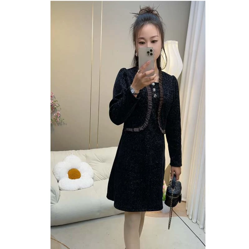 05连衣裙显瘦长袖时尚黑色名媛秋冬收腰拼接气质洋气裙子