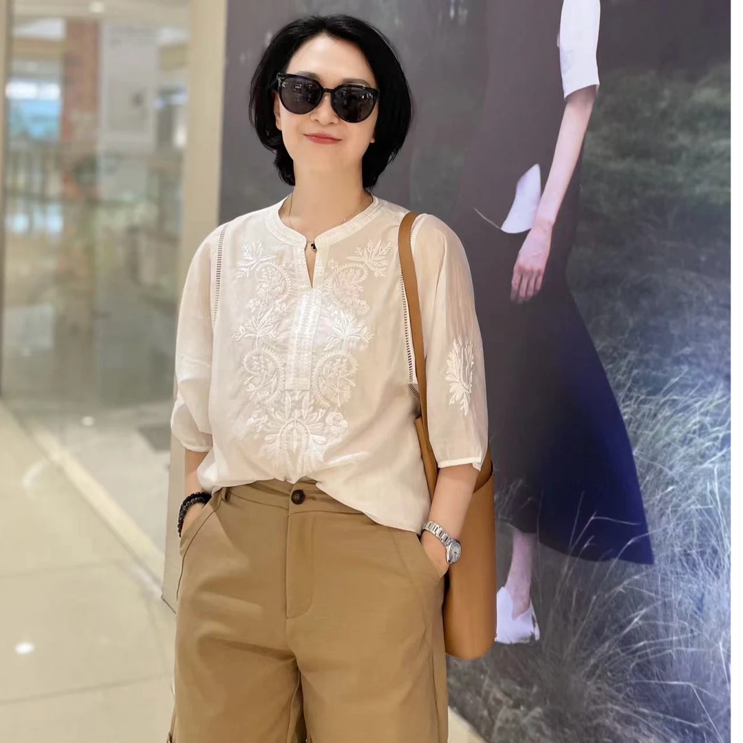 YGC【时光里】高端法式复古提花短袖衬衫24715