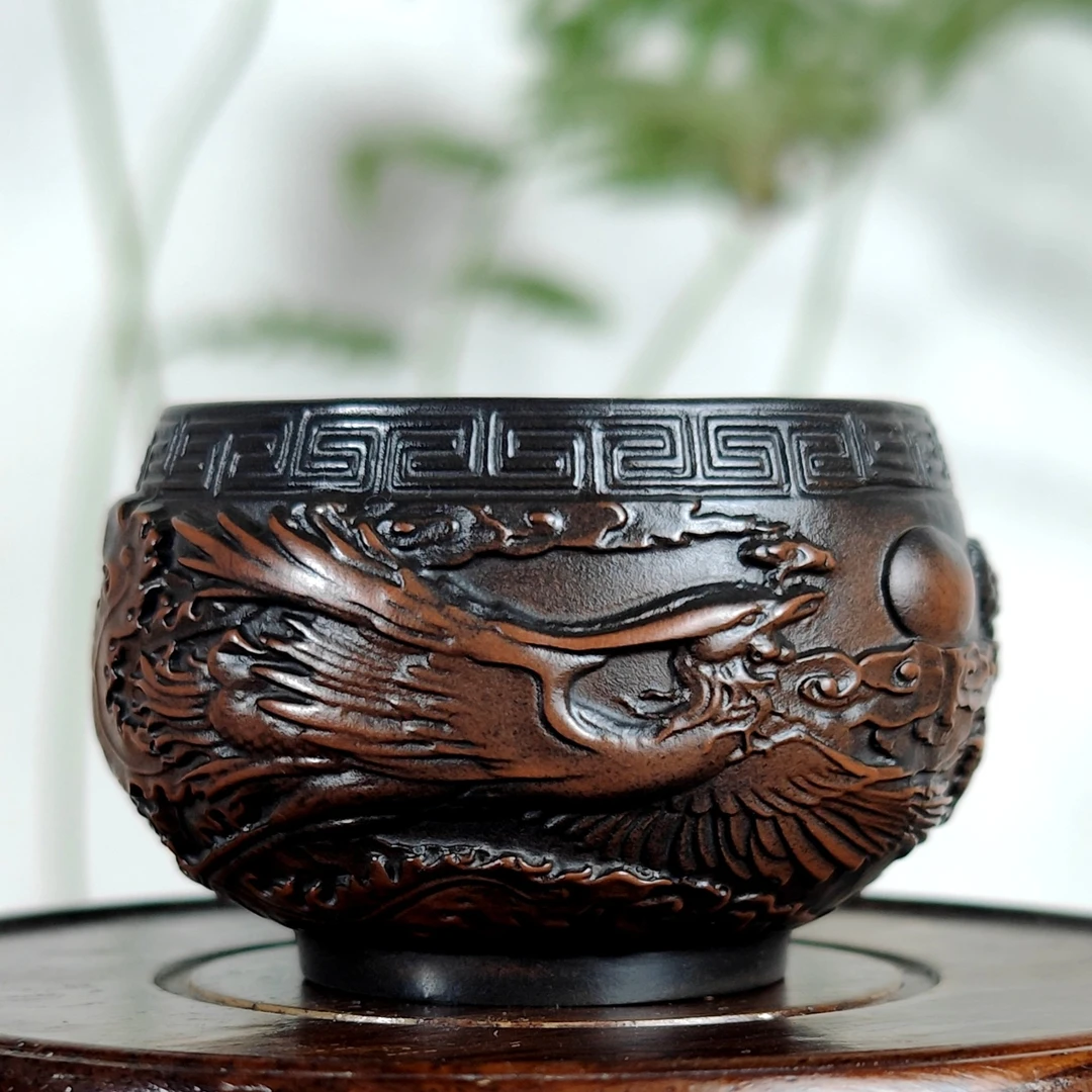 龙凤呈祥小客杯紫陶复古龙纹家用创意陶瓷纯手工中式主人杯神兽