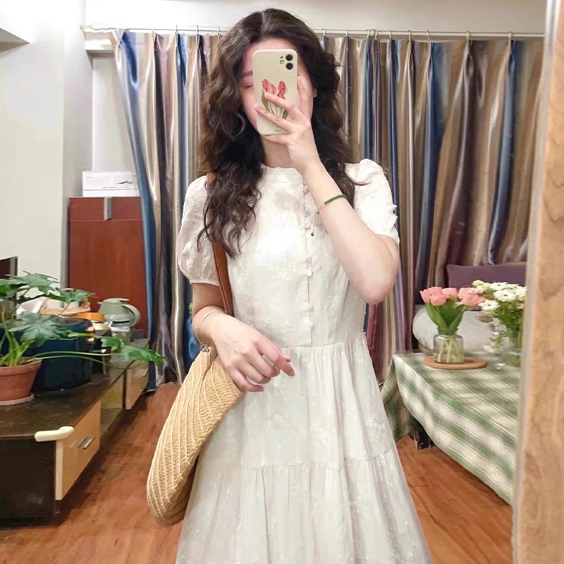 2875中式国风碎花短袖连衣裙子女夏季法式复古收腰显瘦长裙