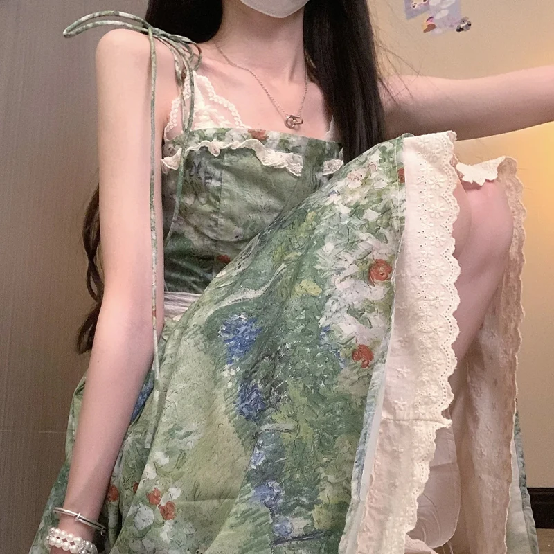 4338法式气质绿色碎花吊带连衣裙子女夏季海边度假绝美长裙