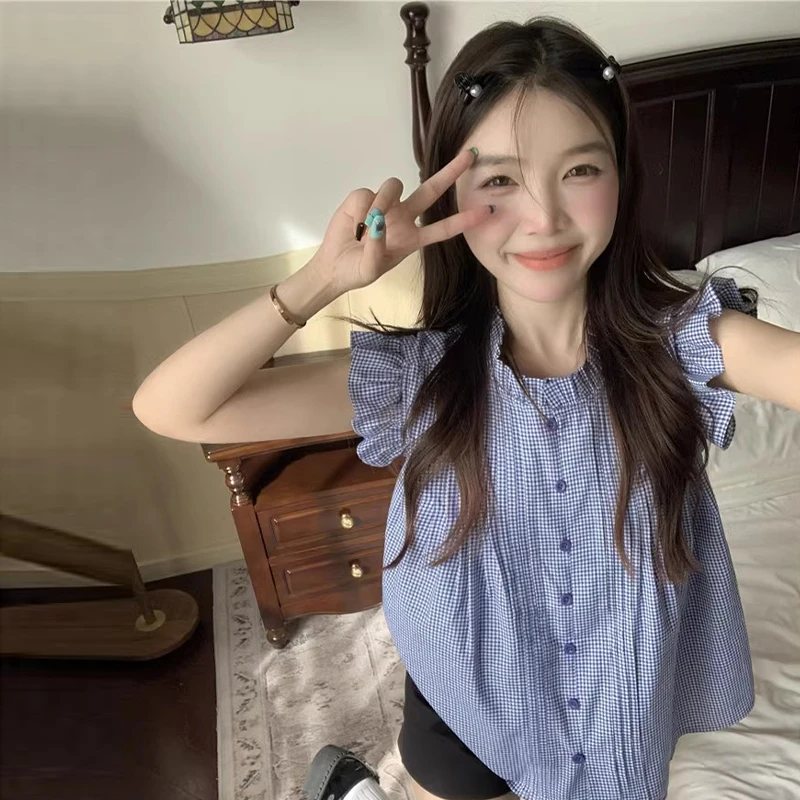 2728法式小飞袖蓝色格子衬衫夏季新款小众设计感无袖别致娃娃衫