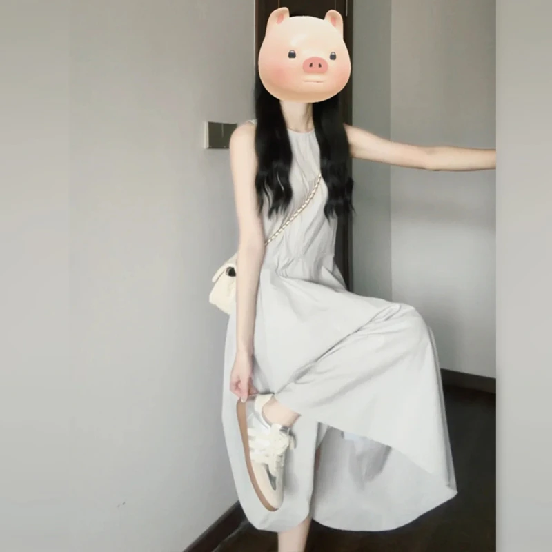 3421法式灰色无袖背心连衣裙子女夏季小个子气质宽松a字长裙