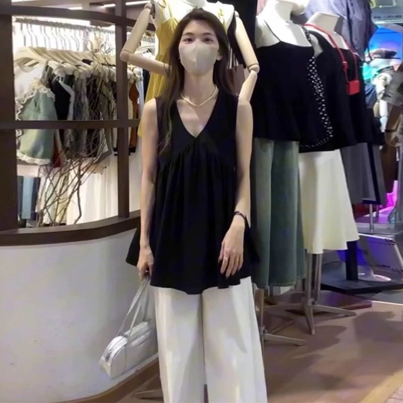 4115黑色独特精致小吊带背心女夏外穿法式宽松无袖上衣高级感