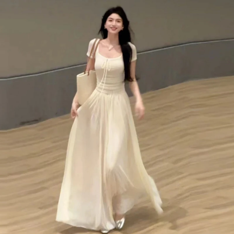 3876法式方领白色短袖连衣裙子夏季新款温柔风绝美小众收腰长裙