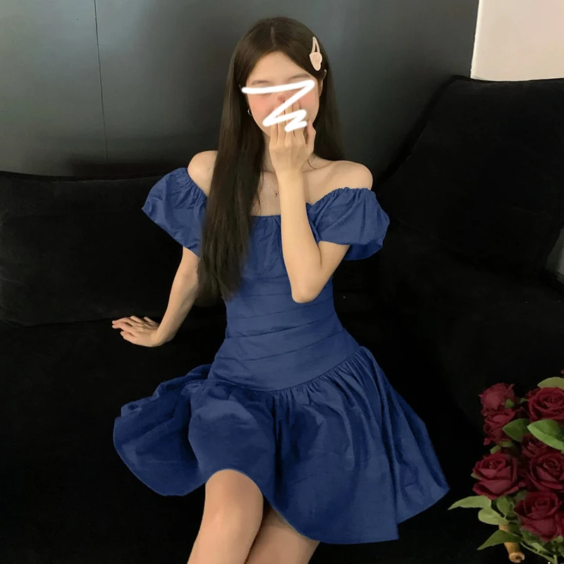 4305方领连衣裙辣妹连衣裙气质收腰复古夏季小个子蓝色修身设计感