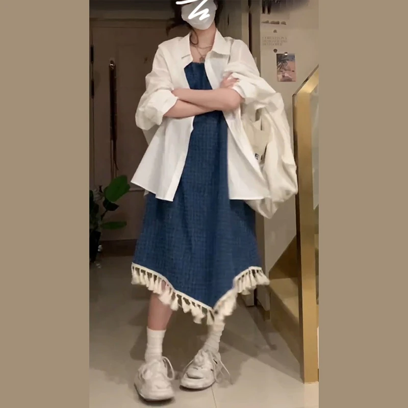 0322不规则流苏牛仔吊带连衣裙子春秋2024新款早秋季小个子长裙
