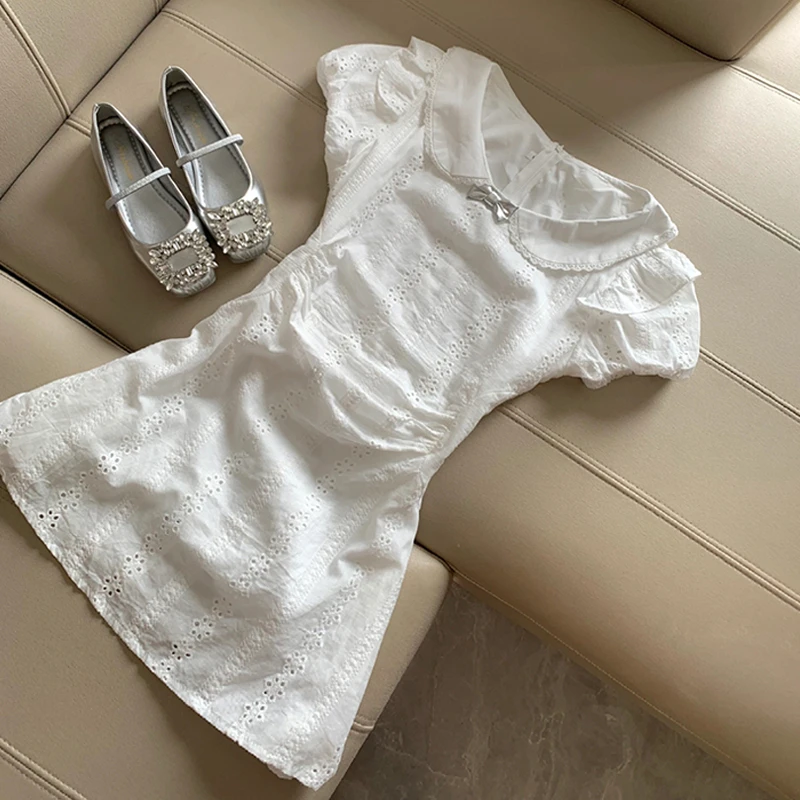 4598法式初恋甜美白色连衣裙子女夏季小个子气质绝美收腰短裙