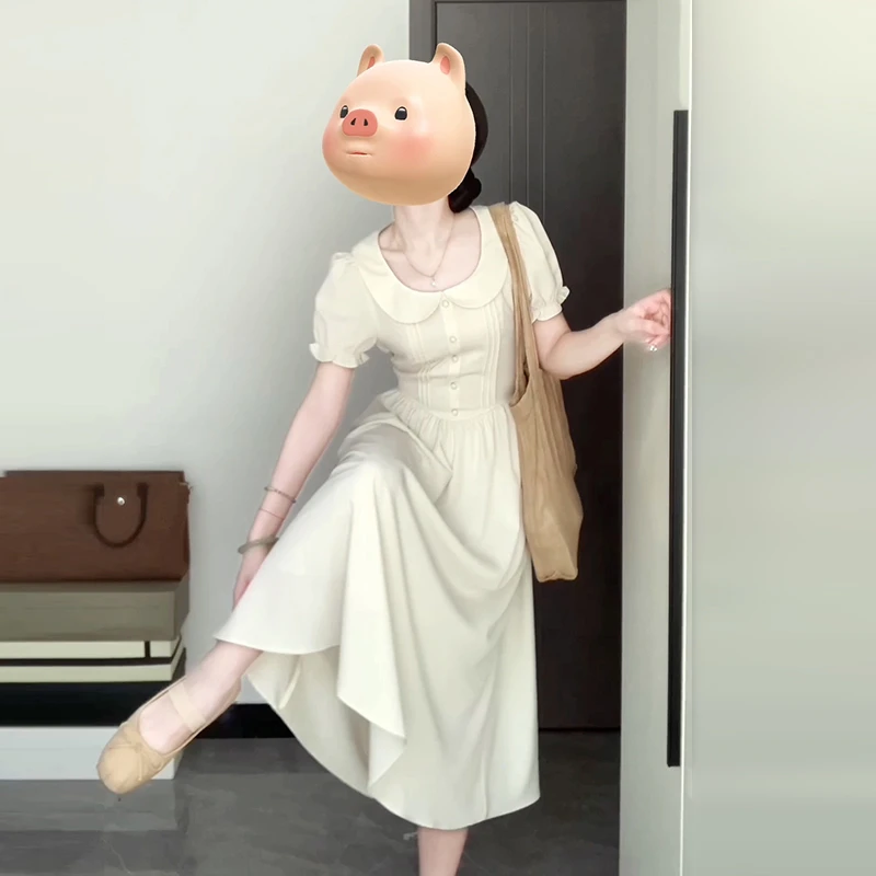 4130法式娃娃领气质连衣裙子女夏季温柔风泡泡袖收腰显瘦长裙