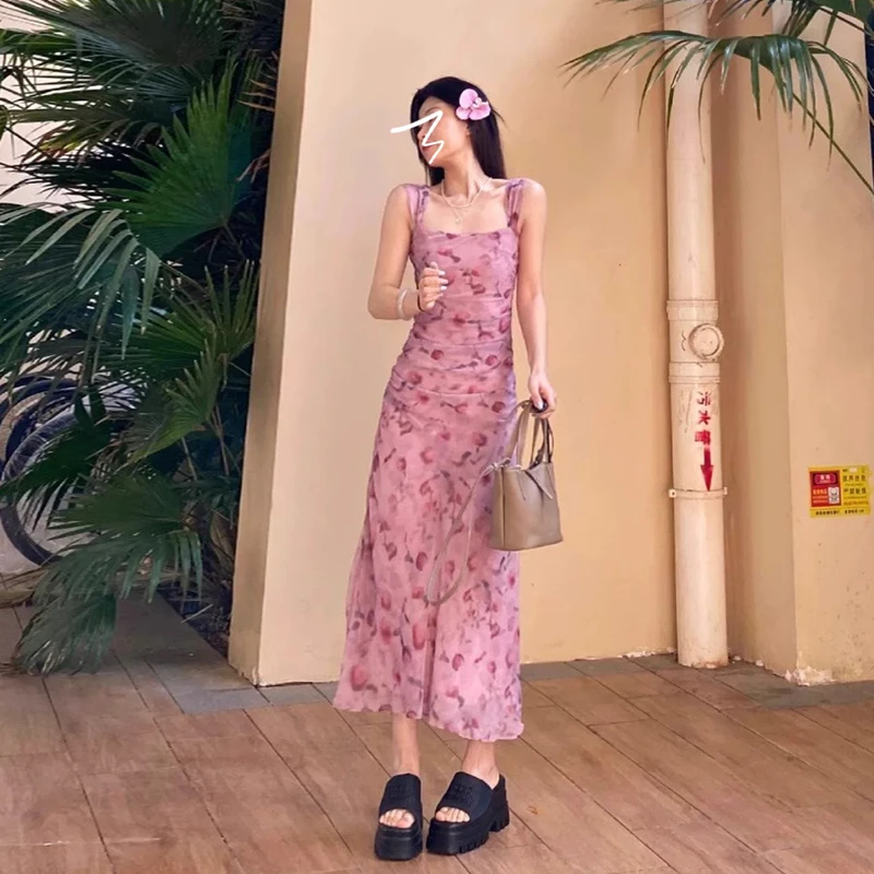 0754小个子粉色碎花吊带连衣裙子夏季女装法式收腰复古长裙