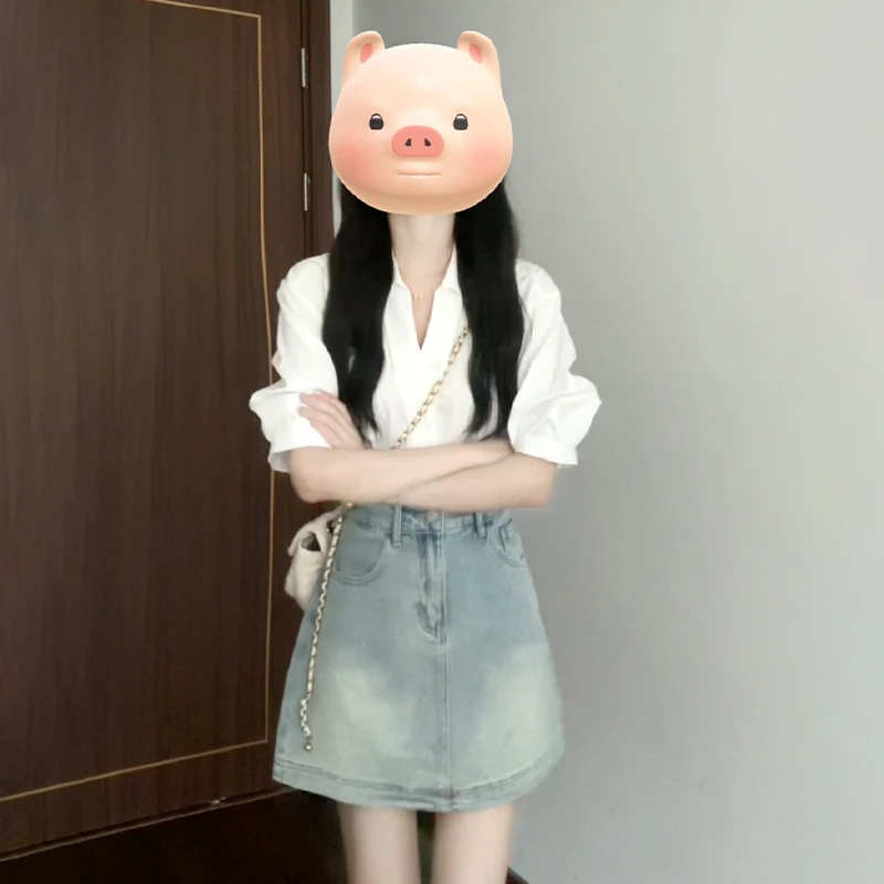 3535法式白色v领短袖衬衫夏小众设计别致绝美气质翻领衬衣