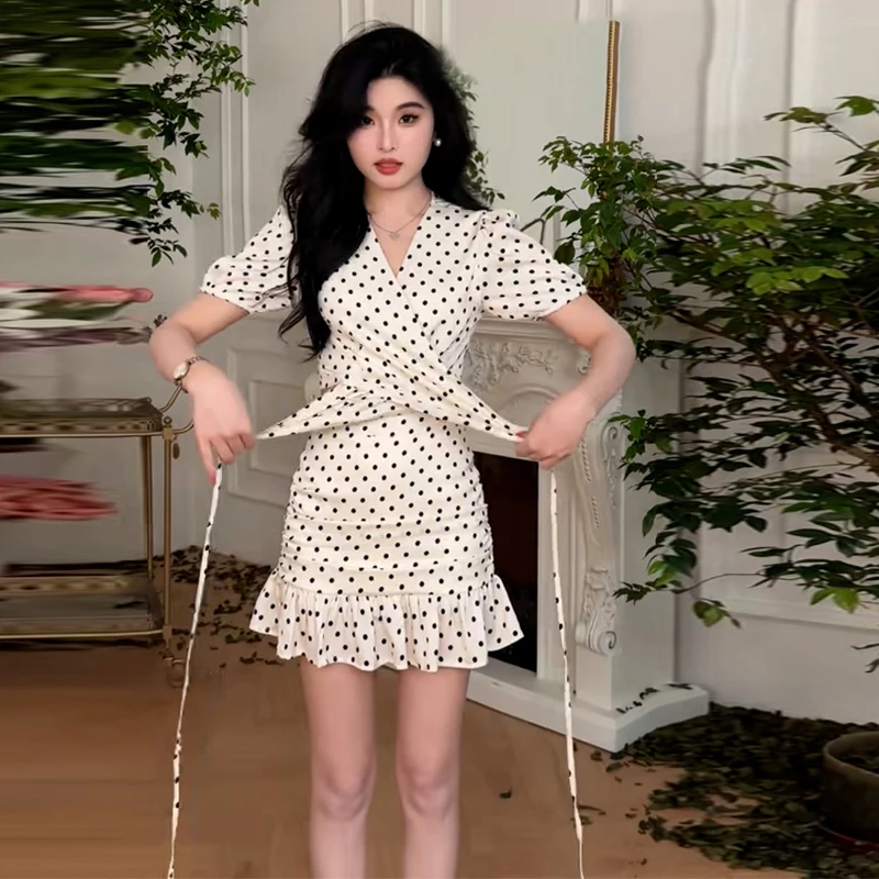 2429茶歇法式波点上衣半身裙子女装两件夏季穿搭套装包臀短裙