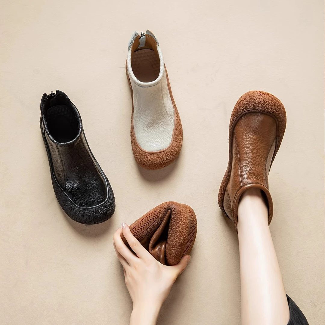 真皮软底妈妈鞋短靴平底复古中老年单靴舒适防滑女鞋早秋新品靴子
