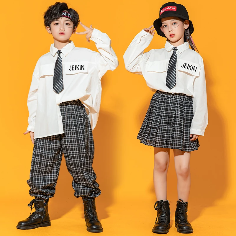 街舞儿童潮服男童长袖衬衫女童JK裙运动会啦啦队团体服儿童演出服