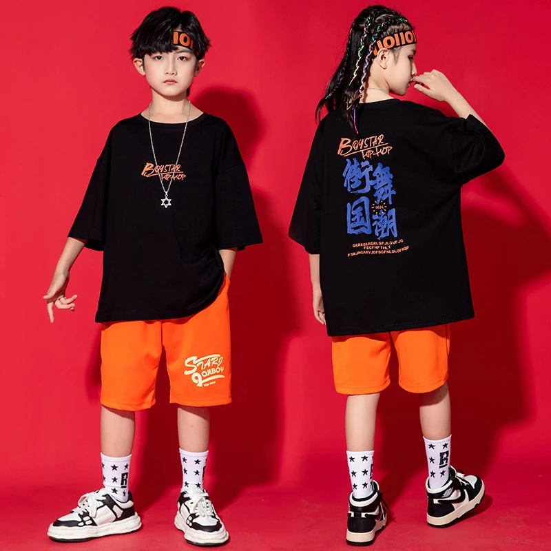 儿童街舞潮服男童嘻哈潮宽松短袖夏季hiphop衣服男孩时尚炸街外套