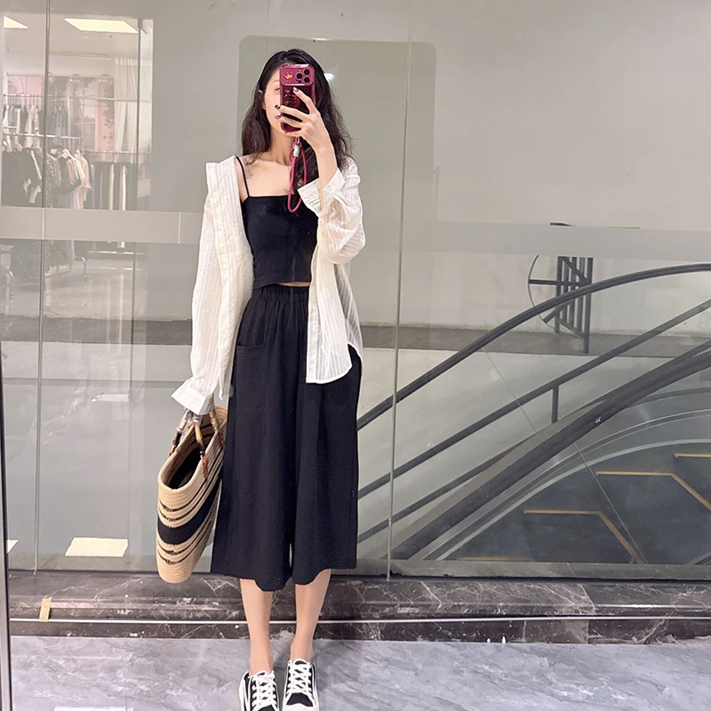 七分群裤夏女百搭冰丝皱韩版新款休闲裤宽松高腰显瘦阔腿裙裤女