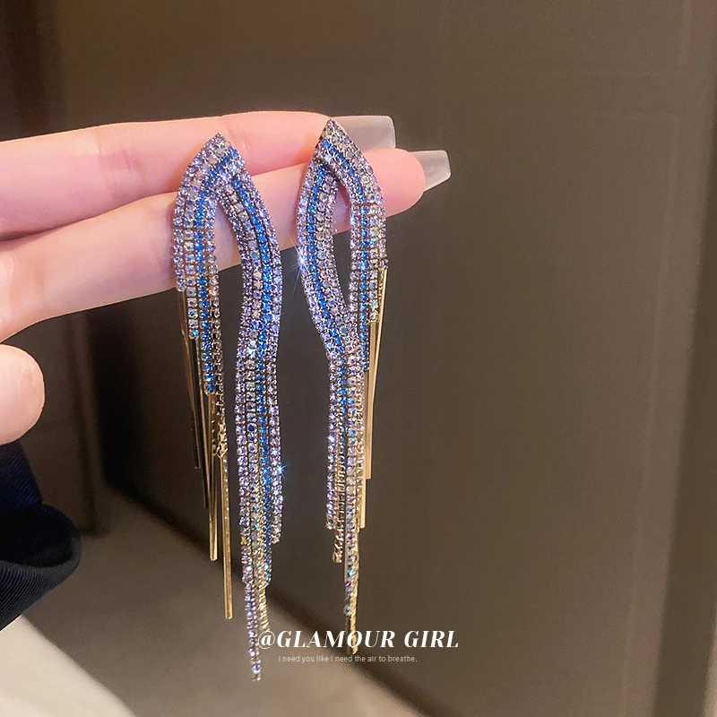 【品牌】银针镶钻几何流苏耳环欧美夸张时尚感气质耳坠小众个性
